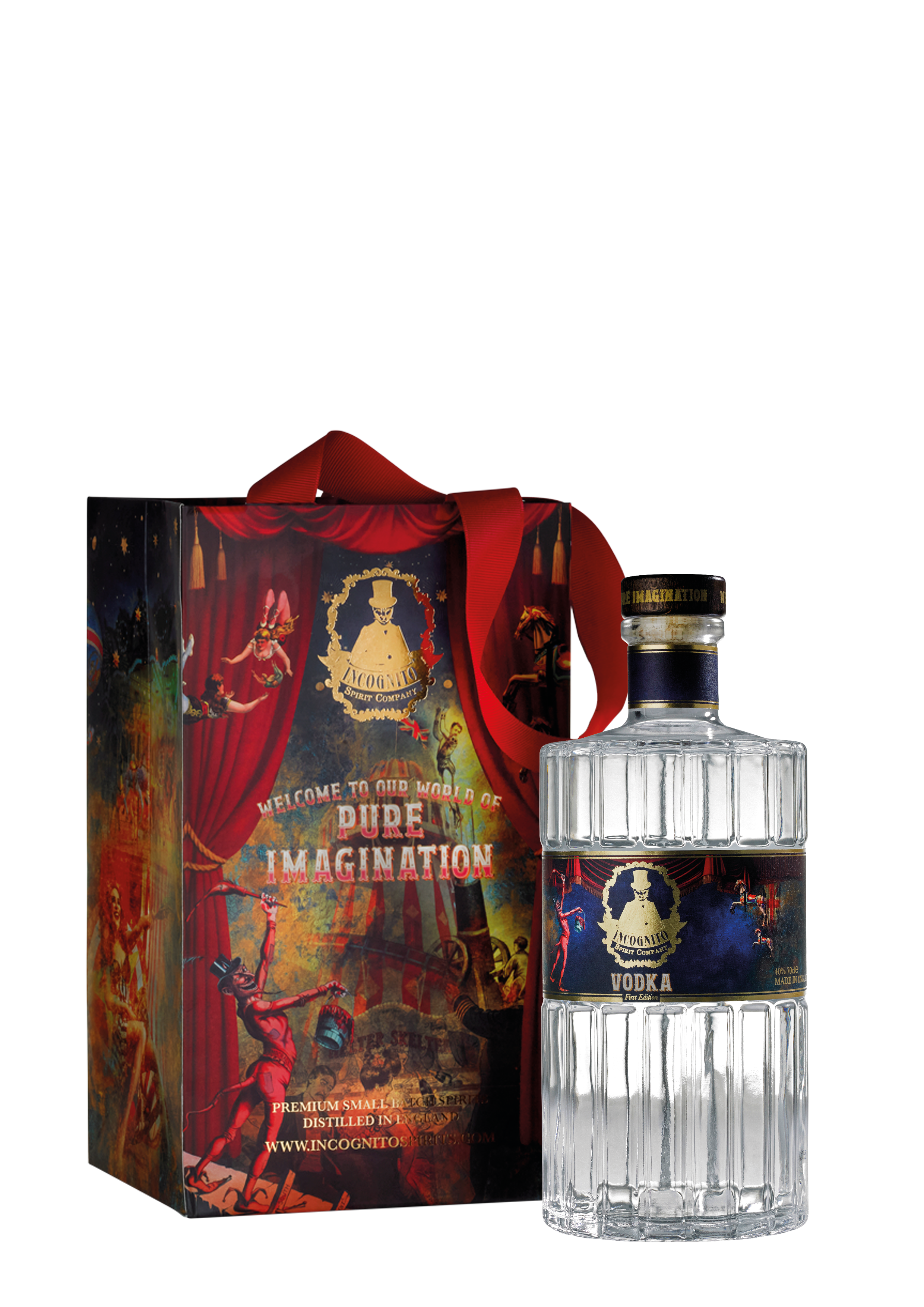 A clear glass vodka bottle with a dark blue and gold label stands next to its illustrated gift box. The box features a red ribbon handle and colorful artwork with the text 'Welcome to the world of Pure Imagination' and 'Branched Minds Vodka'.