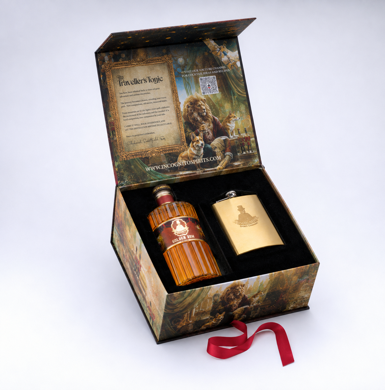 Incognito Traveller’s Tonic luxury Gold Rum gift set with bottle of Incognito Gold Rum and gold hip flask in a premium presentation box and gift bag.